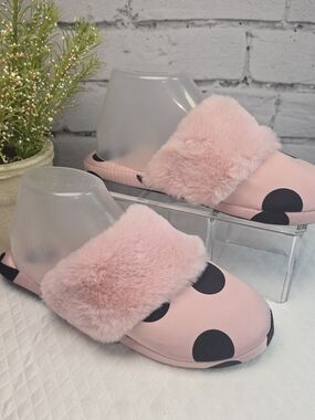 VICTORIA'S SECRET PINK/BLACK POLKA DOT SATIN FAUX FUR HOUSE SLIPPERS NEW SMALL